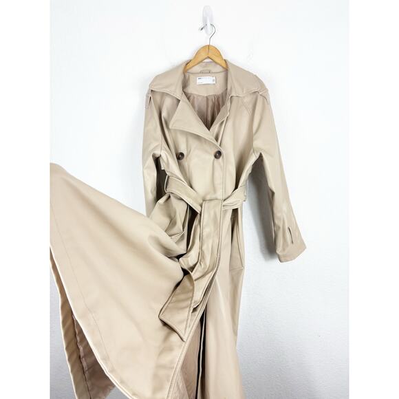 ASOS DESIGN Tan Faux Leather Trench Coat Size 12 Long Preppy Chic Minimalist - Picture 12 of 15